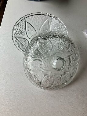 Firna Indonesia 1980s Pressed Glass Crystal Serving Bowl with Hearts and Bows